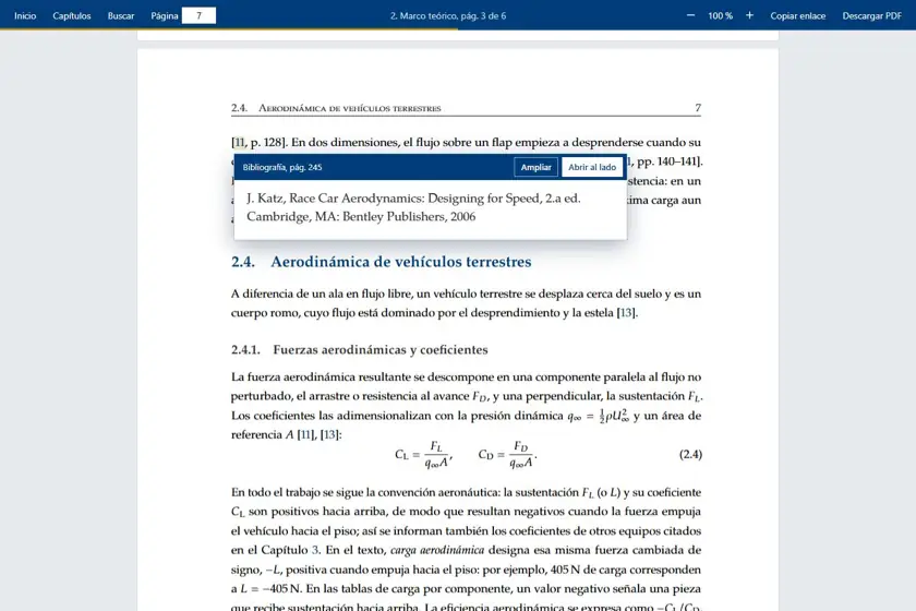 Una cita de la bibliografía leída en una ventana sobre el texto.